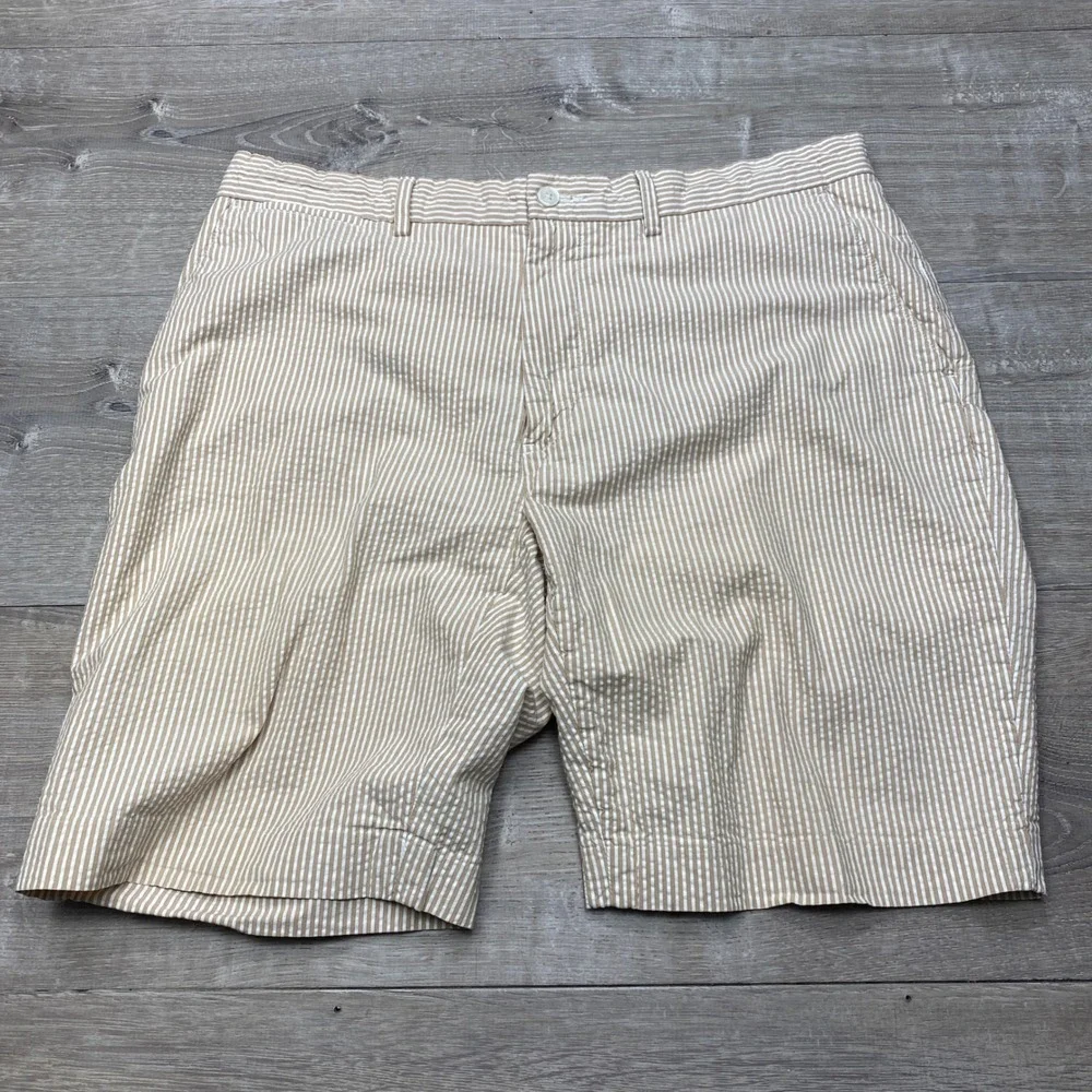 Polo Ralph Lauren Shorts Mens 36 Tan Seersucker Striped Cotton Summer Casual